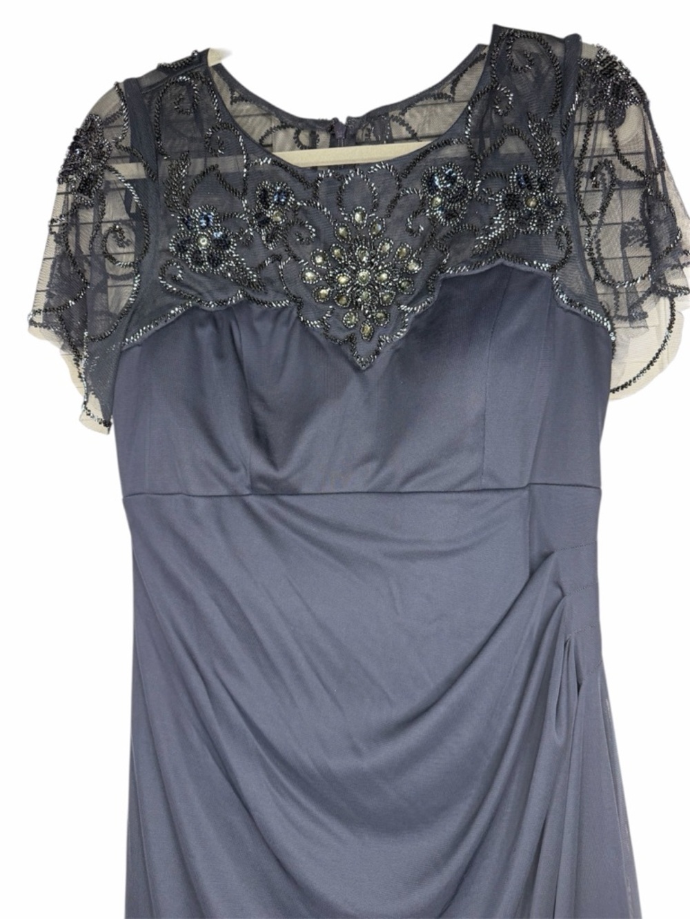 XSCAPE Dahlia Long Sheer Matte Jersey Beaded Top Dress coquette Navy Size 12 - Picture 4 of 15